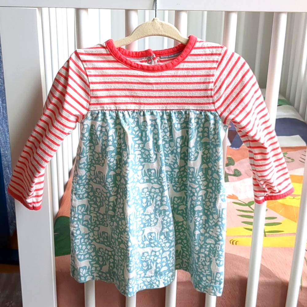 Baby Boden Long Sleeve Red Stripe and Blue Print Dress 6-12M